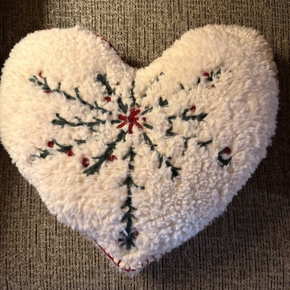 Pottery Barn Sherpa Embroidered Red Berry Heart Shaped Christmas Pillow Soft